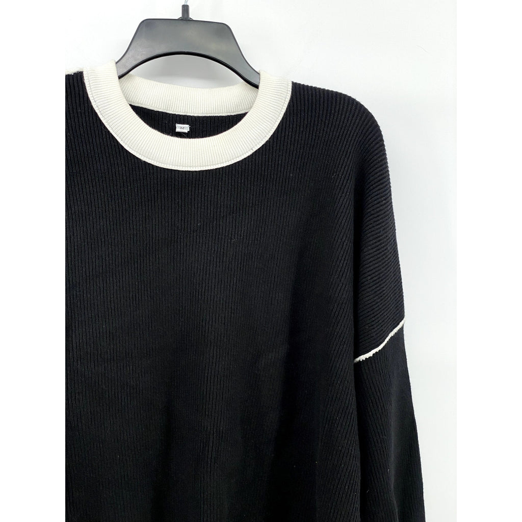 UNBRANDED Women's Black-White Crewneck Ribbed Drop Shoulder Sweater SZ M