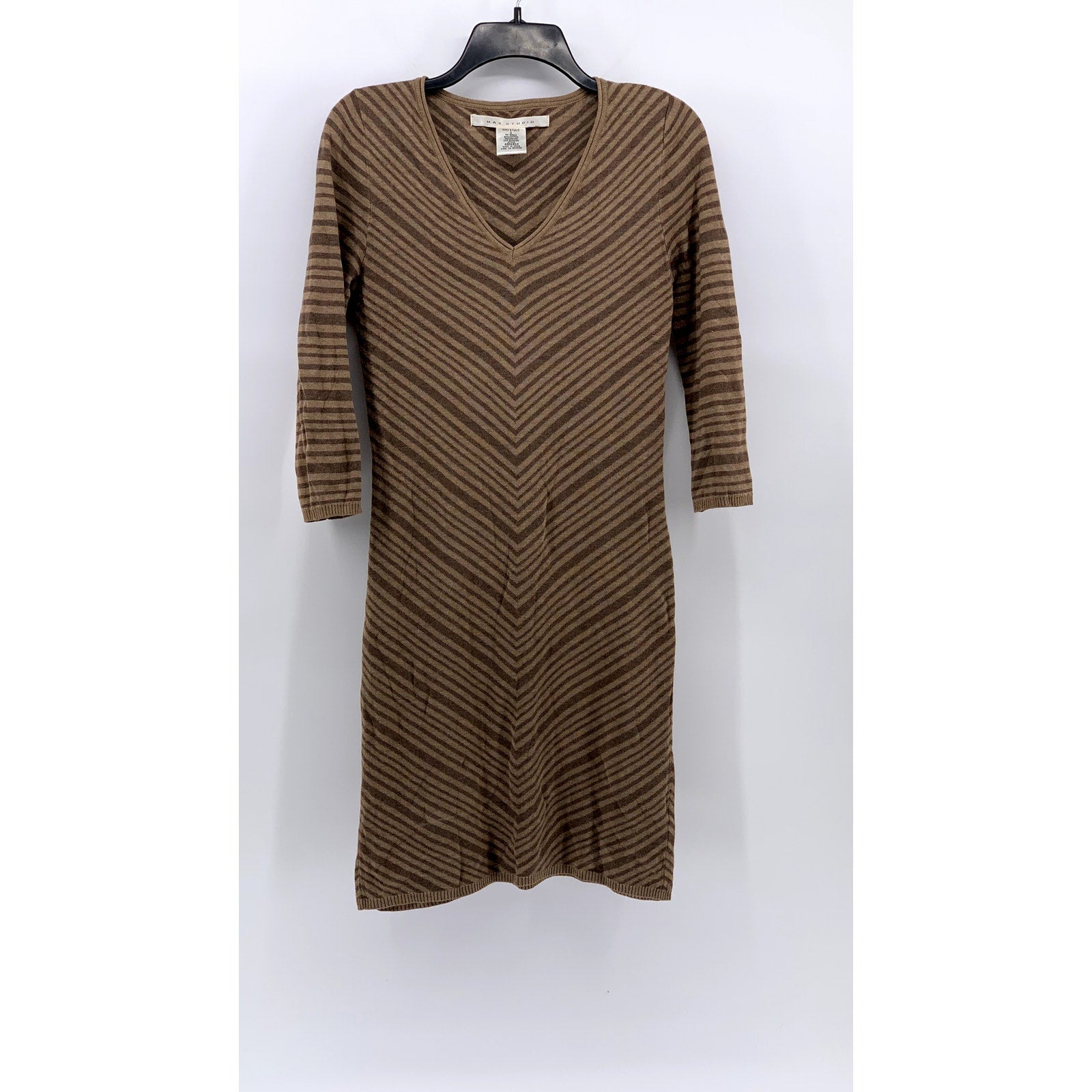 MAX STUDIO Women’s Brown Two-Tone Diagonal Stripe V-Neck Sweater Dress SZ S