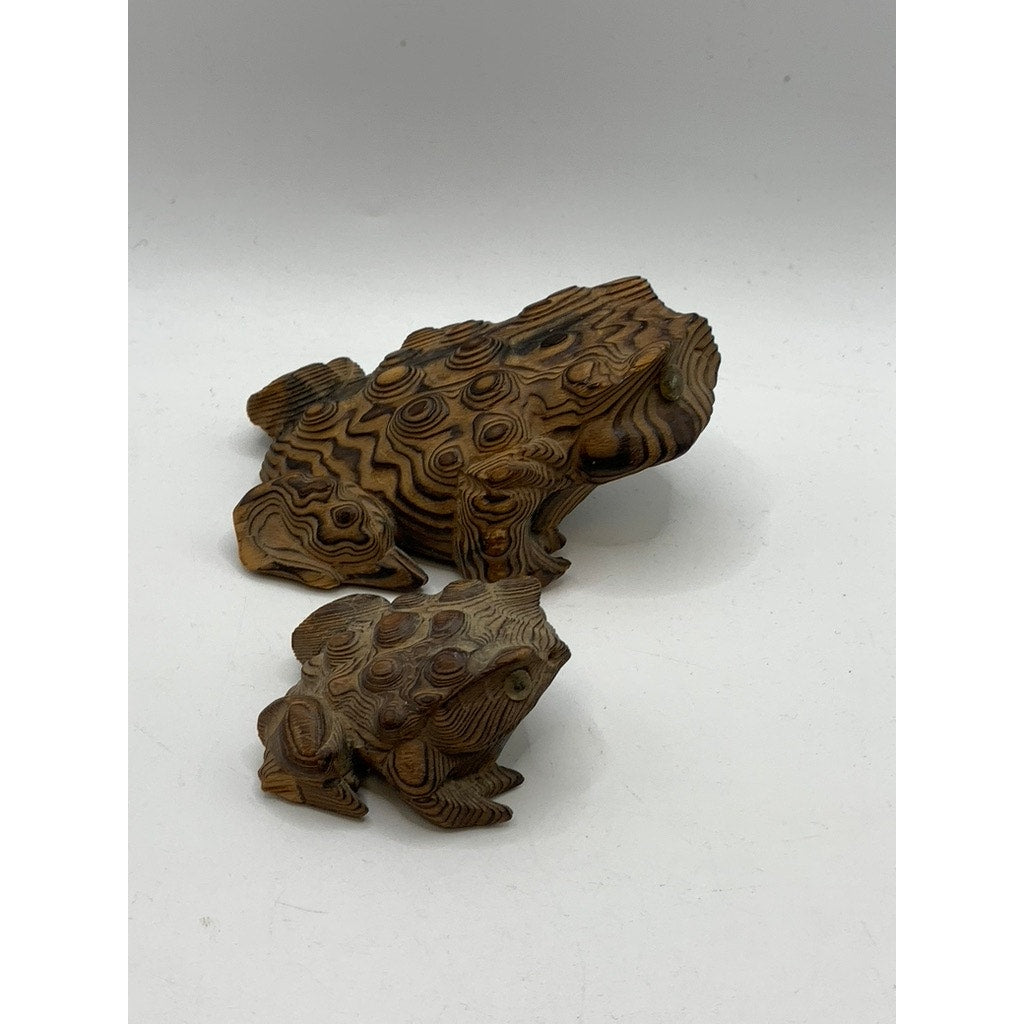 VINTAGE Brown Japanese Wood Carved Toad Set