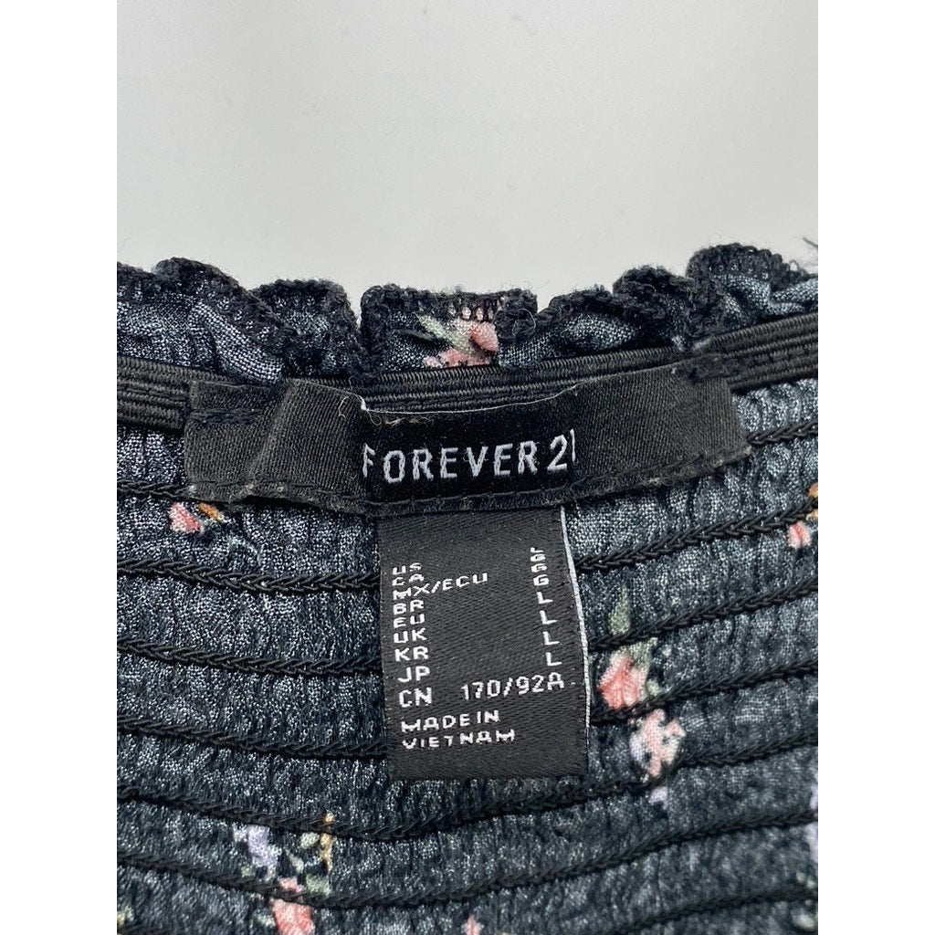 FOREVER 21 Women’s Black Floral Smocked Spaghetti Strap Cropped Tank Top SZ L