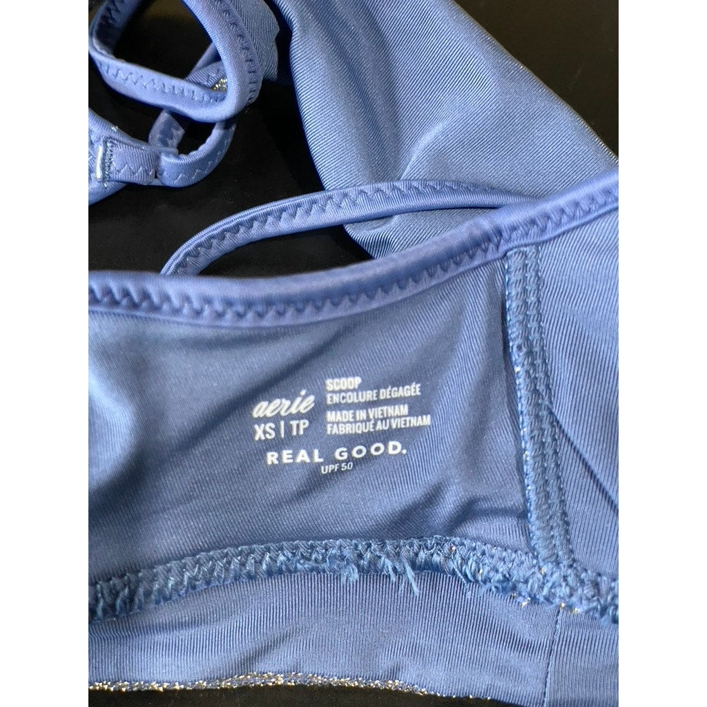 AMERICAN EAGLE AERIE Women's Marbled Blue Sparkle Straight Scoop Bikini Top SZXS