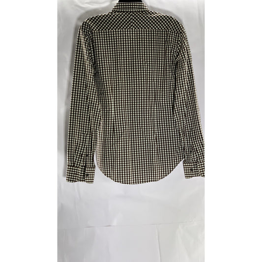 ZARA Men's Brown-White Gingham Print Slim-Fit Button-Up Long Sleeve Shirt SZ M