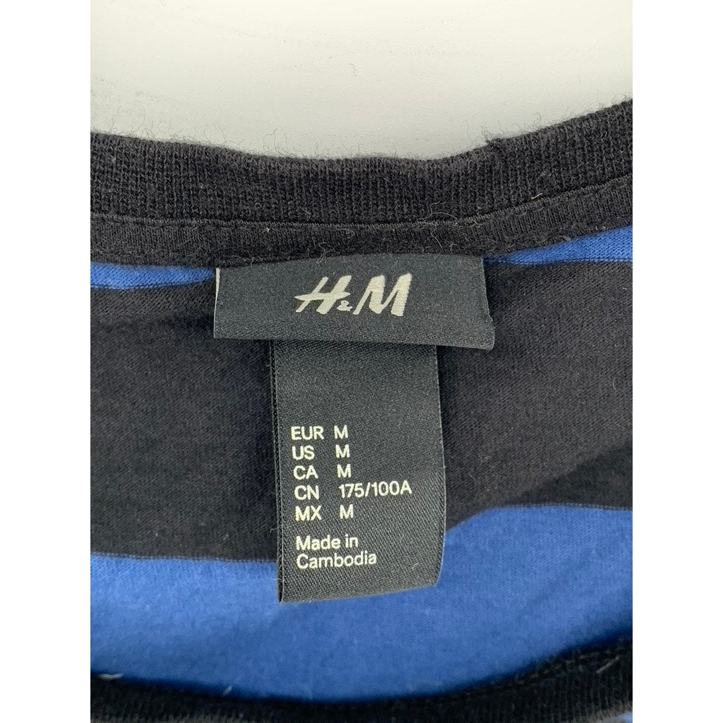 H&M Men's Black-Dark Blue Striped Crewneck Casual Short Sleeve T-Shirt SZ M