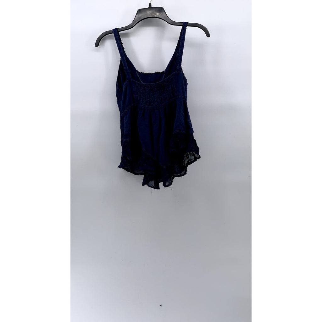 REBELLION Women's Navy Blue Lace-Trim V-Neck Smocked Tank Top SZ M