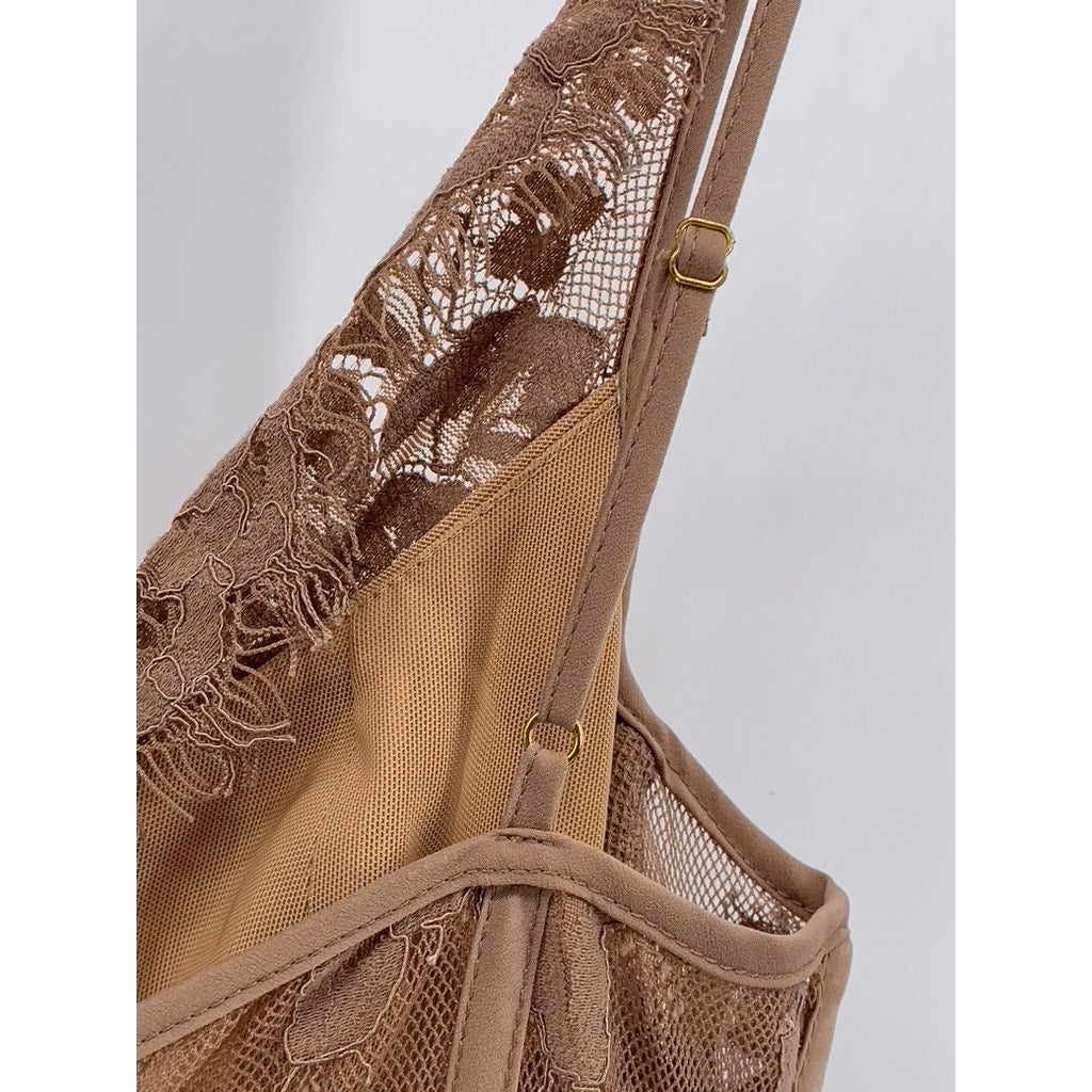 MISHA COLLECTION Women's Tan Lace V-Neck Spaghetti Strap Bodycon Midi Dress SZ 4