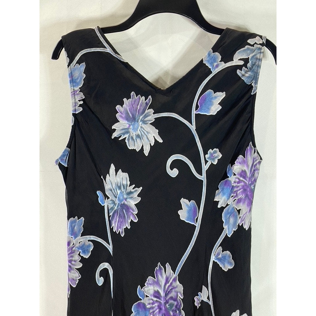 UNBRANDED Women's Black/Blue Floral Sheer V-Neck Sleeveless Midi Dress SZ S