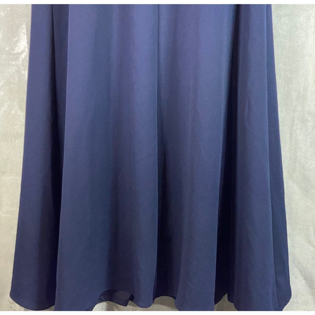 BESTY & ADAM Women's Navy Asymmetrical Pleat Neck Split Hem Maxi Gown SZ 8