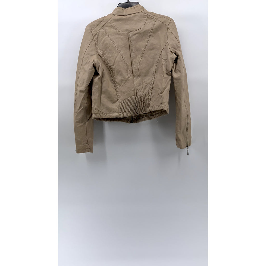 JOUJOU Women's Beige Faux-Leather Collarless Zip-Up Moto Jacket SZ M