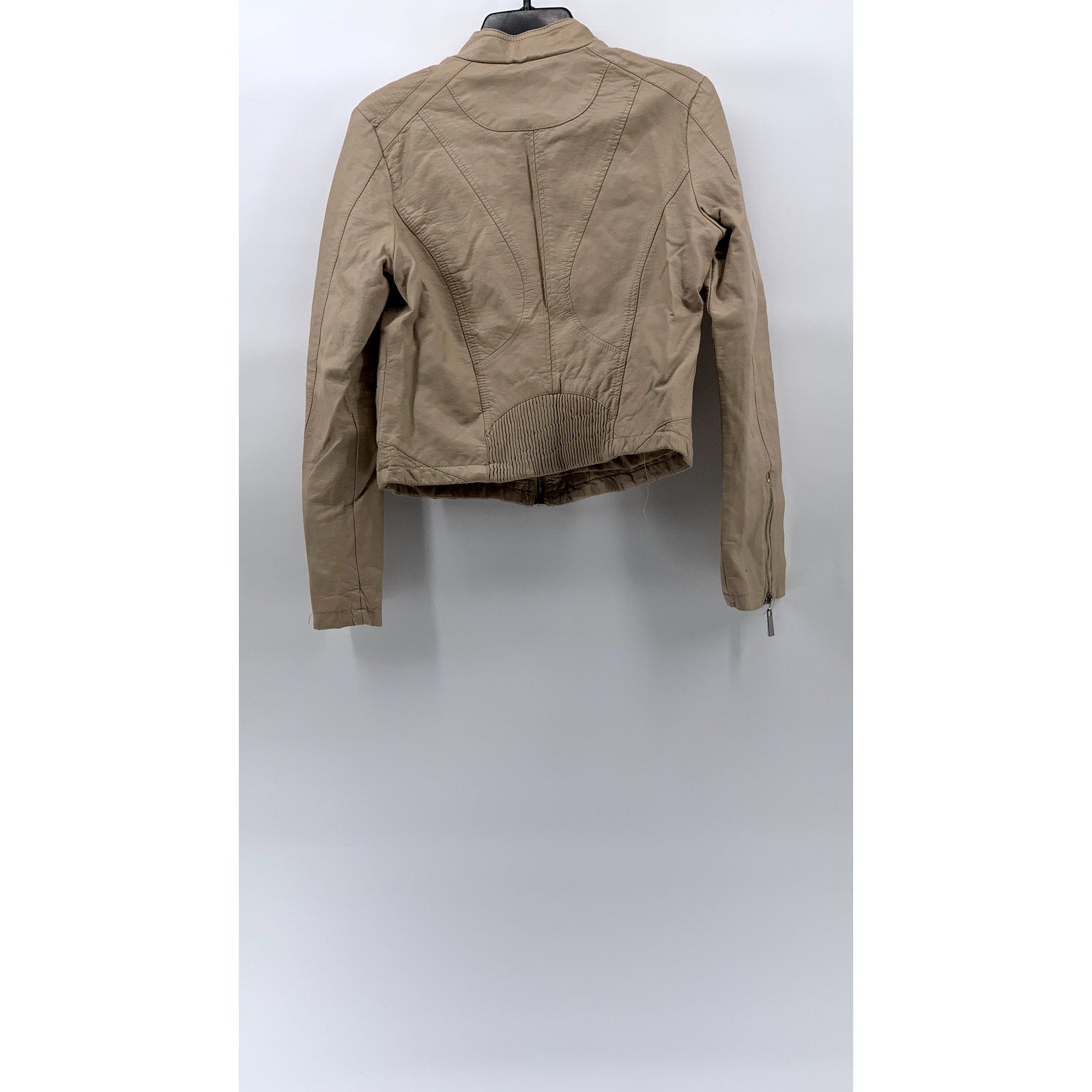 JOUJOU Women's Beige Faux-Leather Collarless Zip-Up Moto Jacket SZ M