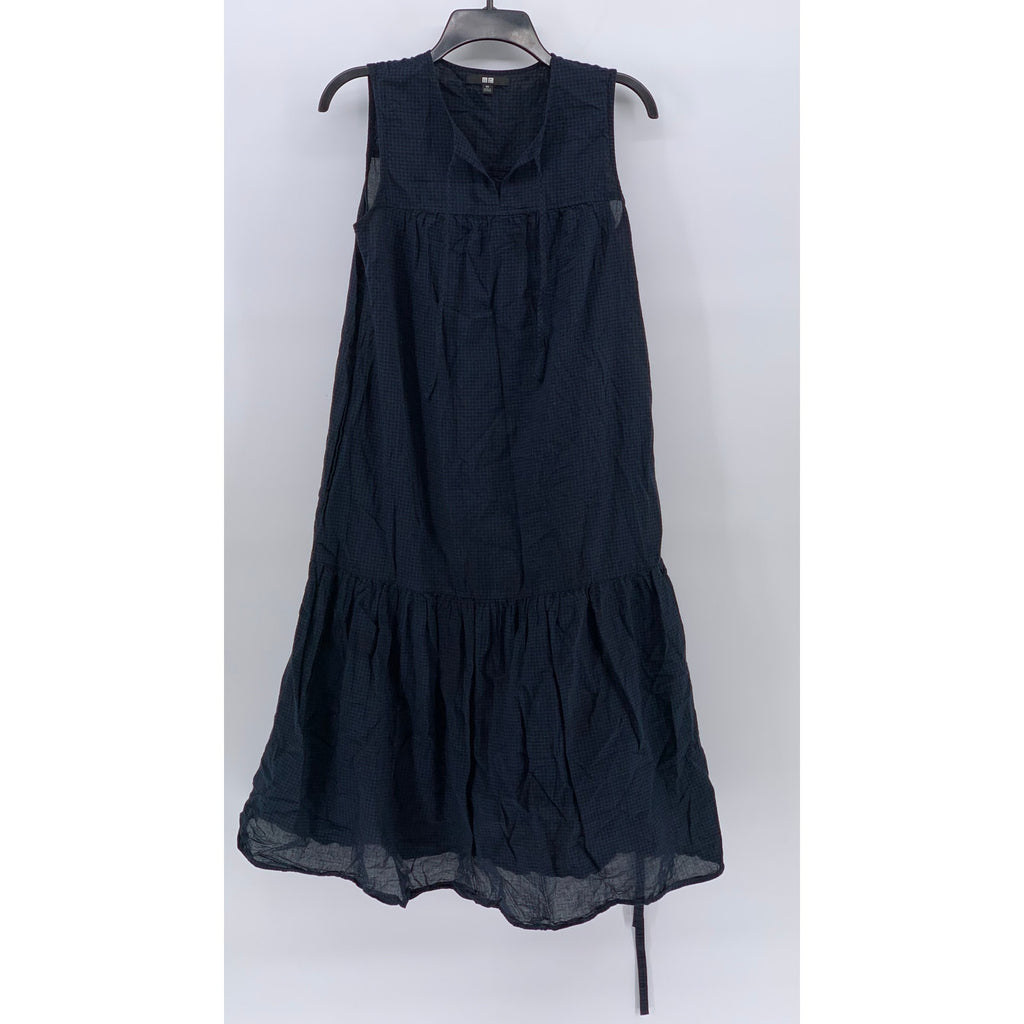 UNIQLO Women's Navy-Black Gingham Split Tie-Neck Sleeveless Belted Dress SZ XS