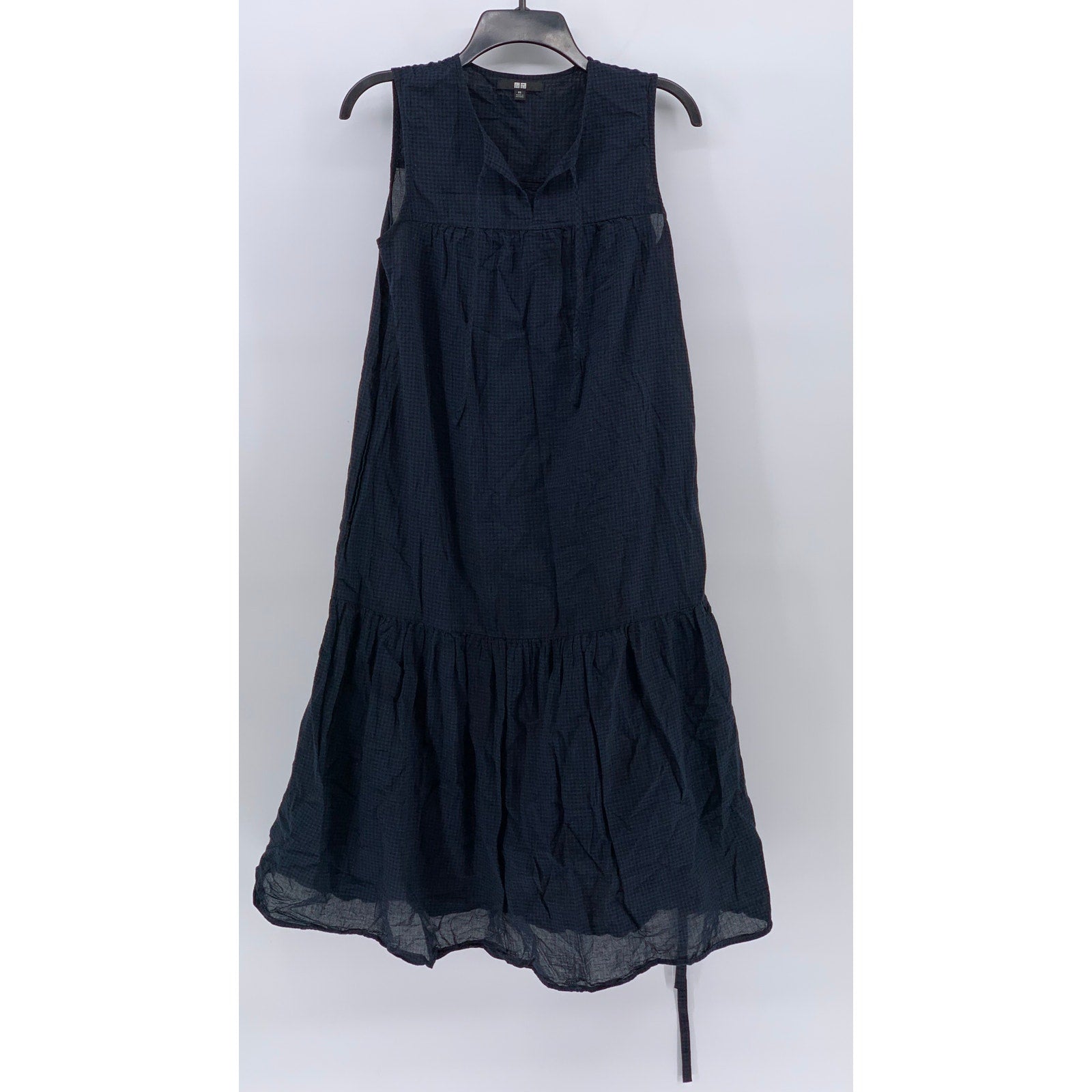UNIQLO Women's Navy-Black Gingham Split Tie-Neck Sleeveless Belted Dress SZ XS