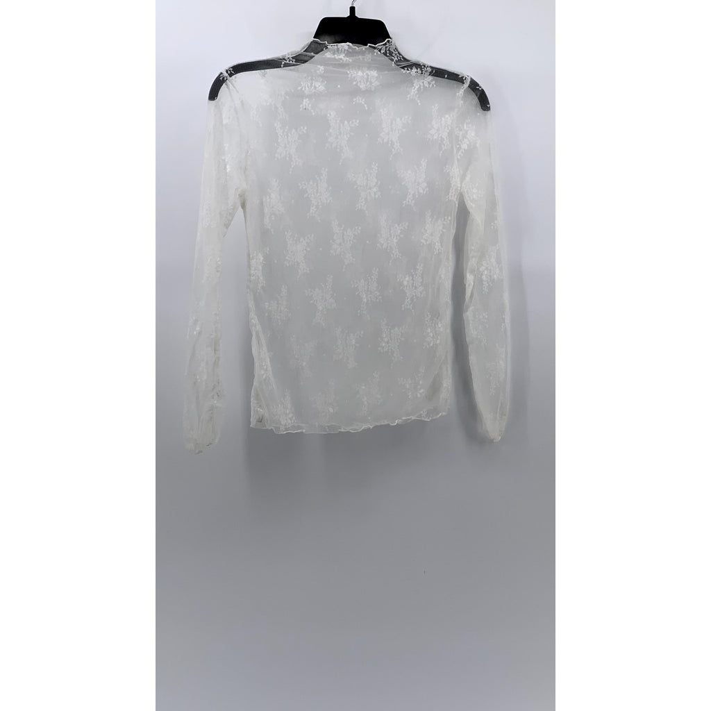 UNBRANDED Women's White Floral Mesh Mock-Neck Long Sleeve Top SZ S