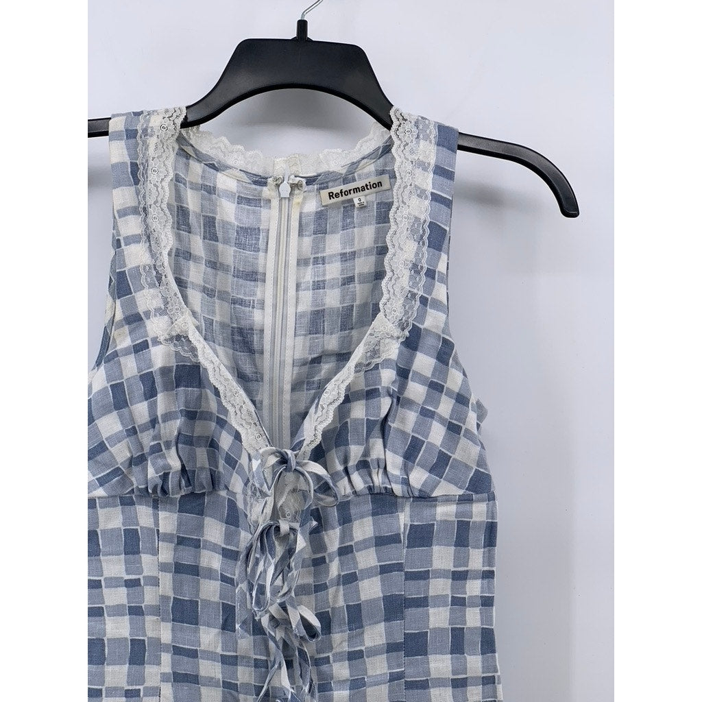 REFORMATION Women's Blue-White Checkered Reia Linen Mini Bodycon Dress SZ 0