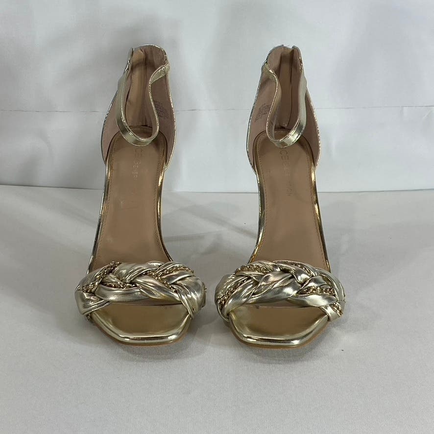 BCBGENERATION Women's Gold Metallic Isabel Braided Chain Heeled Sandals SZ 8