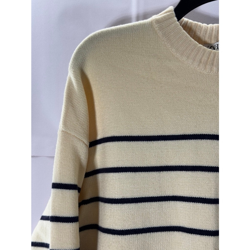 ZARA Women's Beige/Black Striped Crewneck Knit Long Sleeve Pullover Sweater SZ S