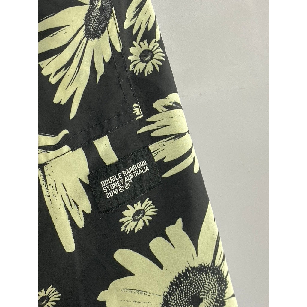 DOUBLE RAINBOUU Women's Black-Beige Large Daisy Print Elastic-Waist Shorts SZ S