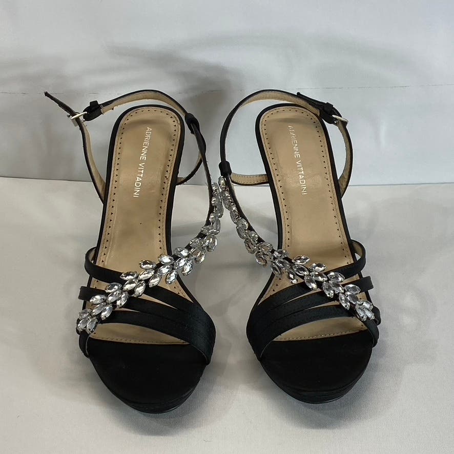 ADRIENNE VITTADINI Women's Black Satin Germaine Embellished Open-Toe Sandal SZ10