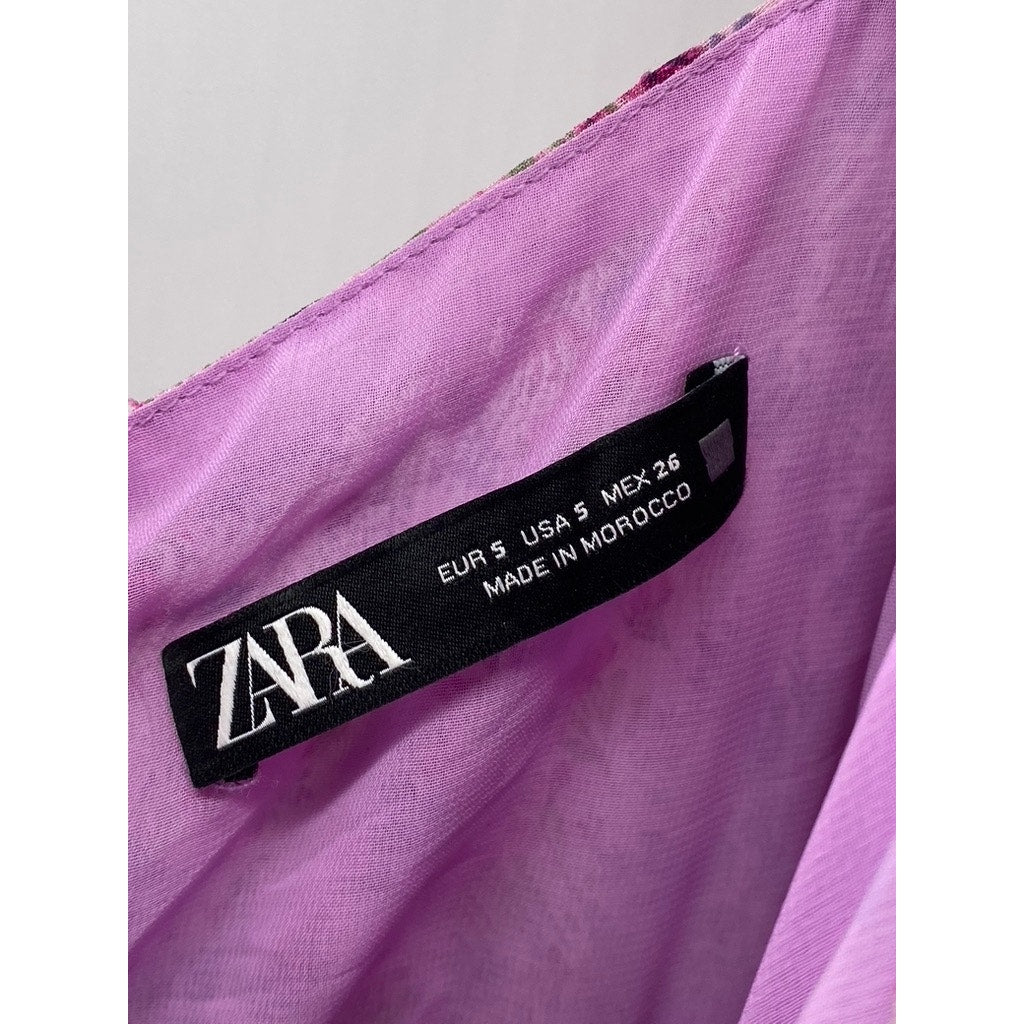 ZARA Women's Lilac Floral Print Ruched Ruffle Balloon-Sleeve Mini Dress SZ S