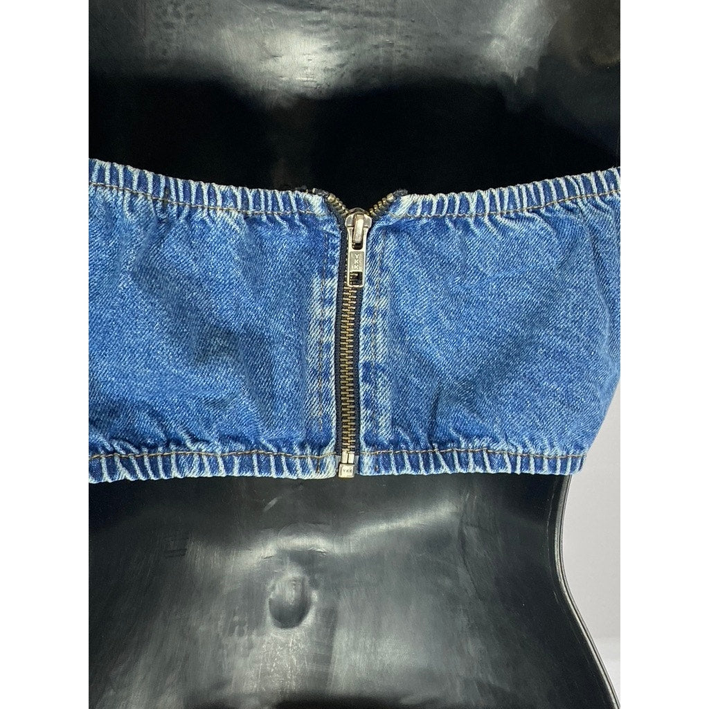 NASTY GAL Women's Dark Blue Denim Strapless Back-Zip Handkerchief Crop Top SZ 0