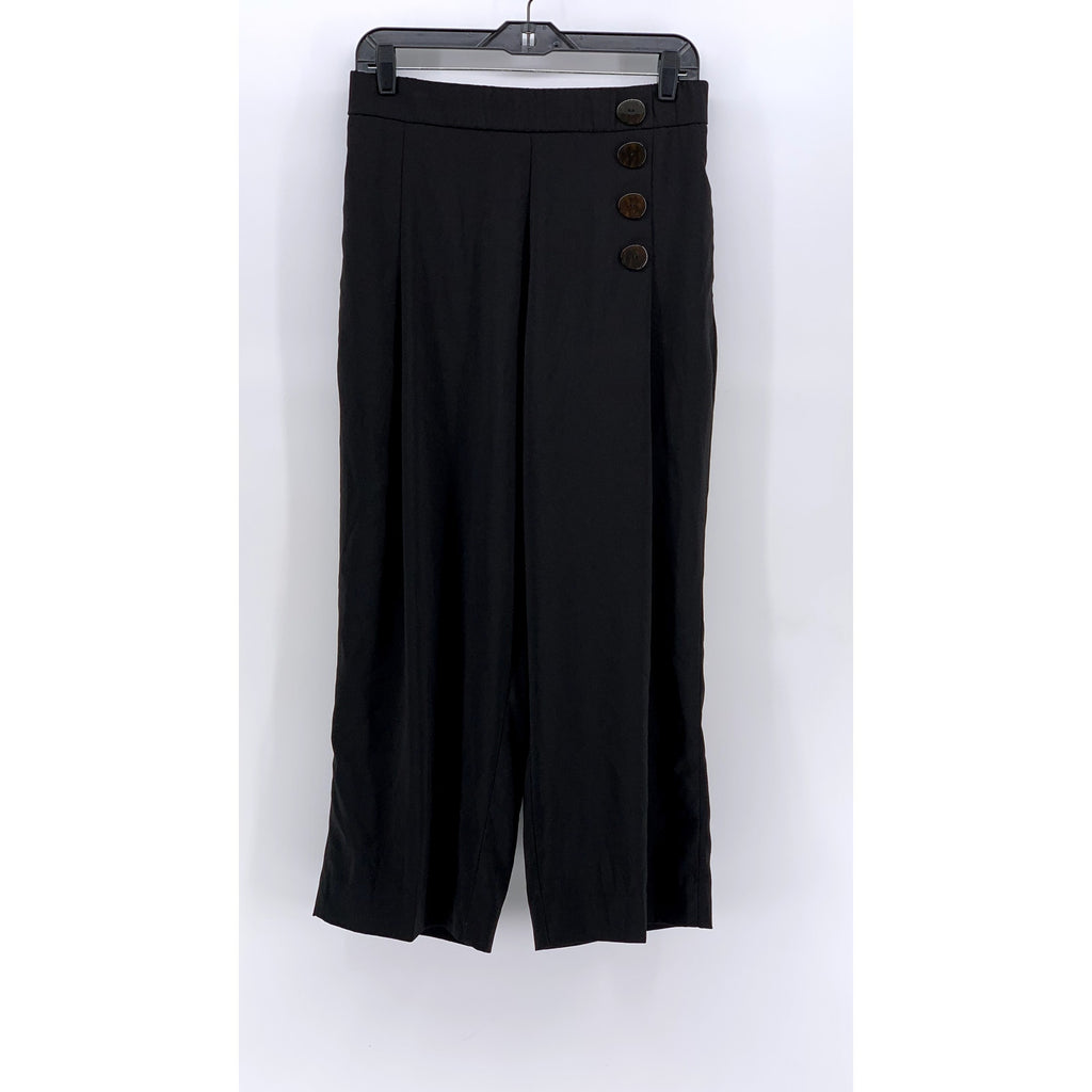 ZARA Women's Black Side-Button Wide-Leg Cropped Pants SZ L