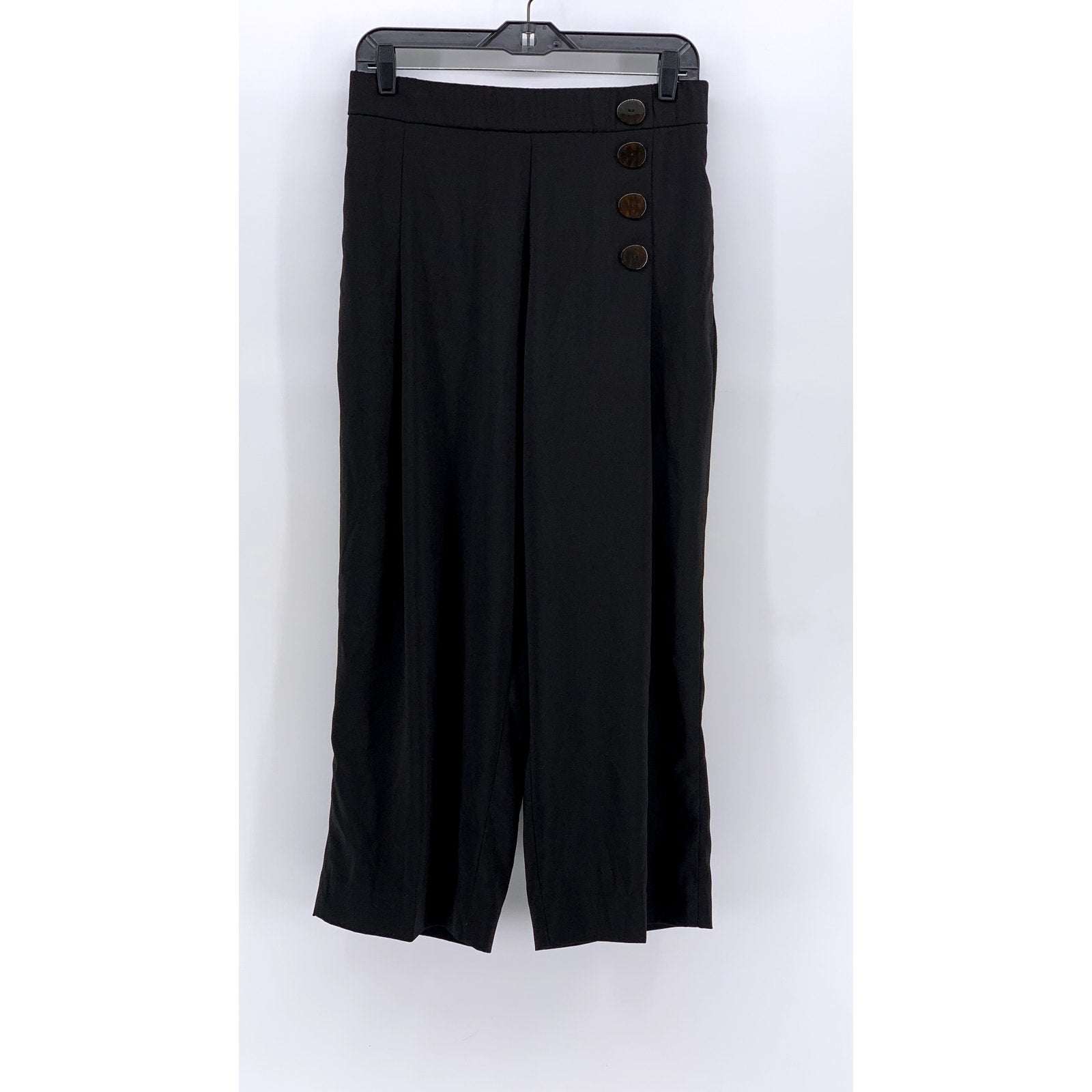 ZARA Women's Black Side-Button Wide-Leg Cropped Pants SZ L