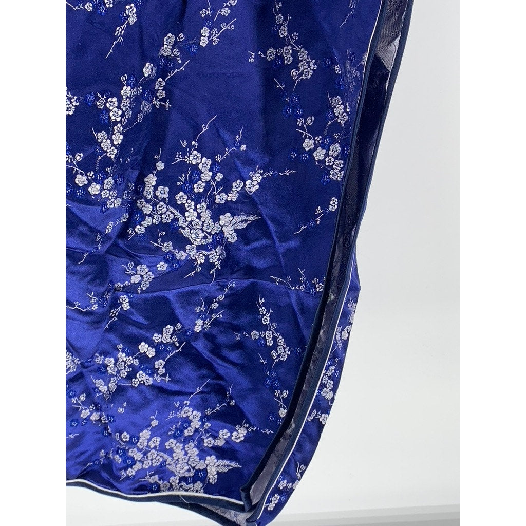 UNBRANDED Women's Dark Blue Satin Floral Print Cheongsam Dress SZ 38(US10)