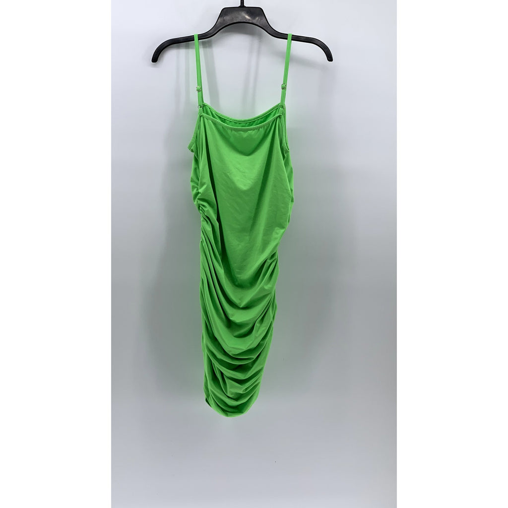 UNBRANDED Women's Lime Green Straight-Neck Ruched Bodycon Mini Dress SZ L