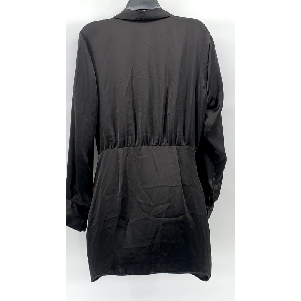 ZARA Women's Black Surplice Neck Long Sleeve Collared Side-Ruched Mini Dress SZM