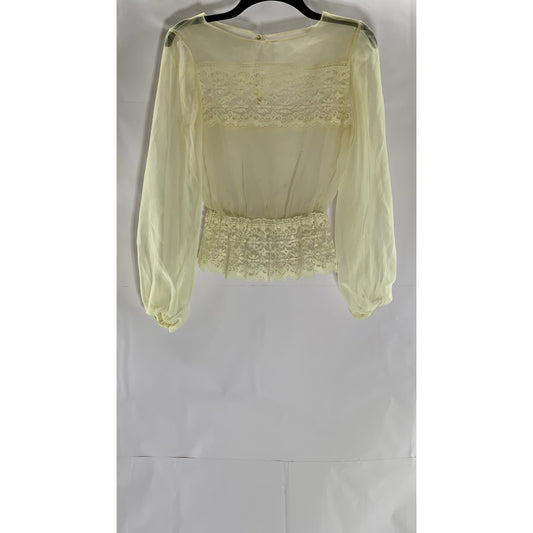 UNBRANDED Women's Cream Sheer Ruffle Lace Trim Long Sleeve Blouse SZ M