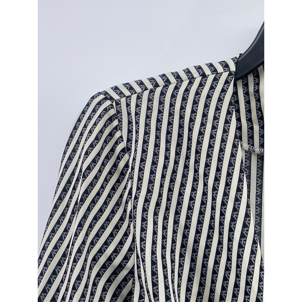 RIHOAS Women's Black-White Striped Printed Tie-Front Ruffle Long Sleeve Top SZ S
