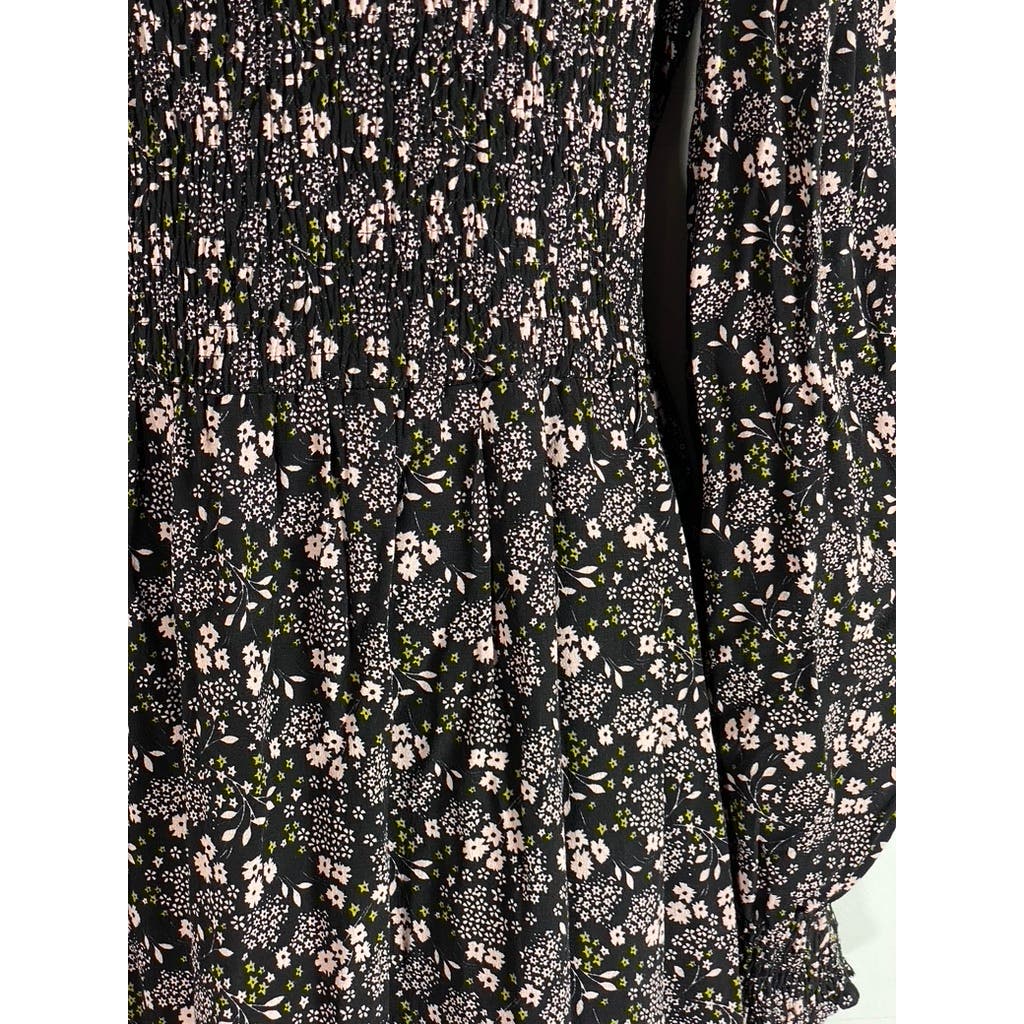 BODEN Women's Black Multi Floral Smocked Tiered Long Sleeve Midi Dress SZ 8R