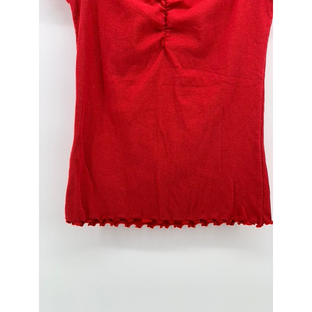 HOLLISTER Women's Red Lettuce-Trim Off-The-Shoulder Casual Short Sleeve Top SZ S