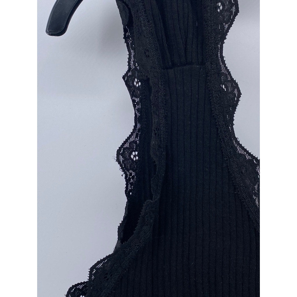 RIVER ISLAND Women's Black Wide-Rib Lace-Trim V-Neck Tank Top SZ 12