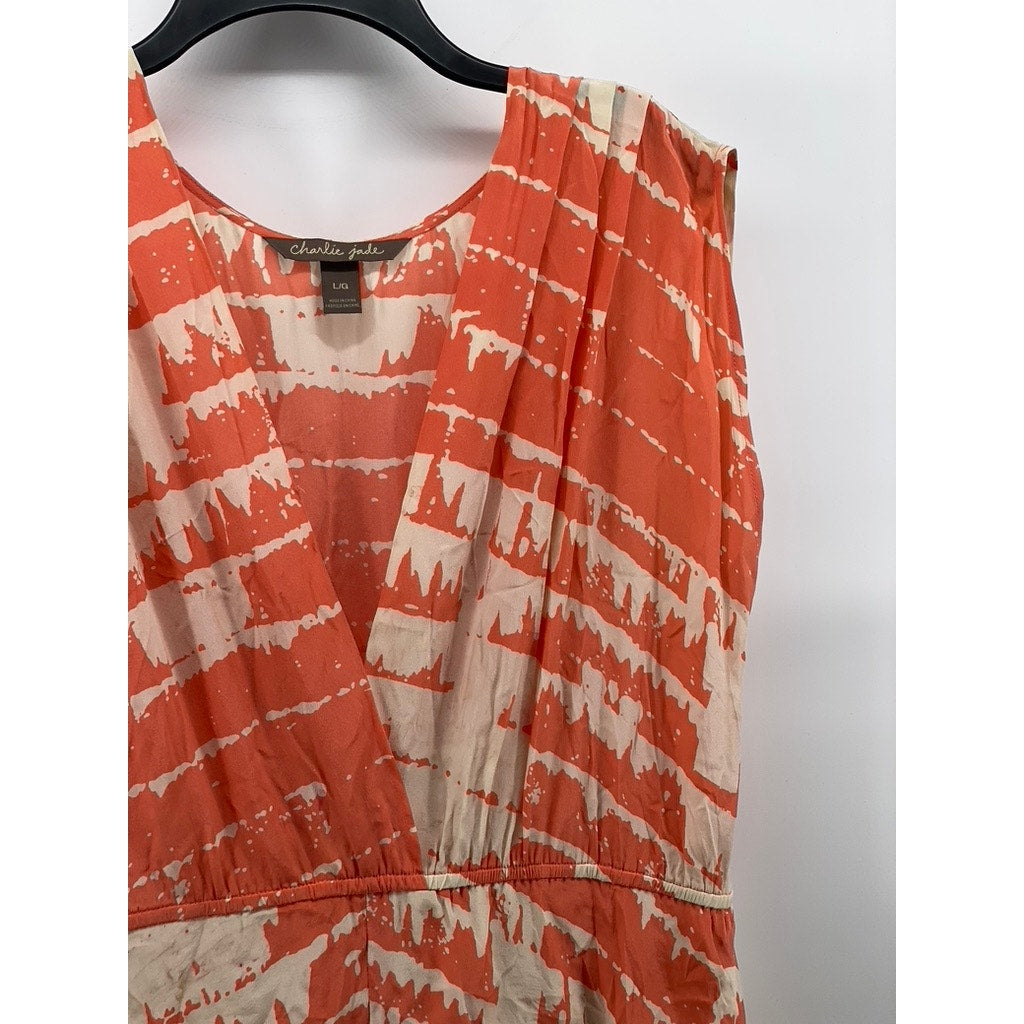 CHARLIE JADE Women's Orange-Beige Printed V-Neck Sleeveless Midi Dress SZ L