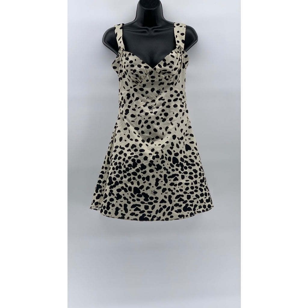 ZANER STUDIO Women's Beige-Black Printed V-Neck Ruffle A-Line Mini Dress SZ S
