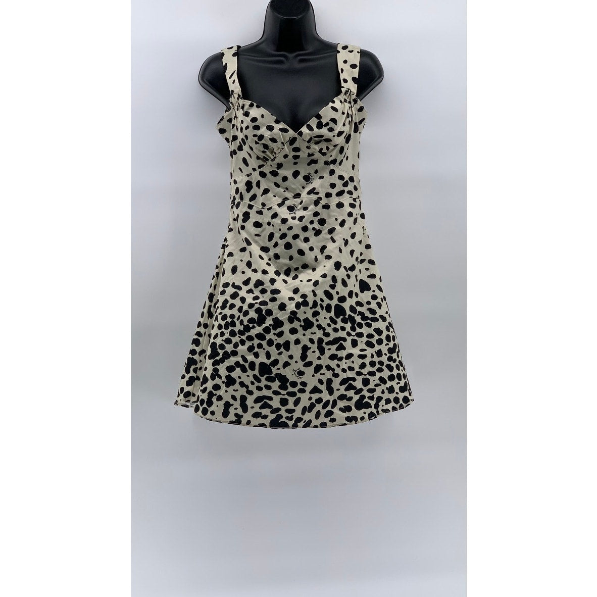ZANER STUDIO Women's Beige-Black Printed V-Neck Ruffle A-Line Mini Dress SZ S