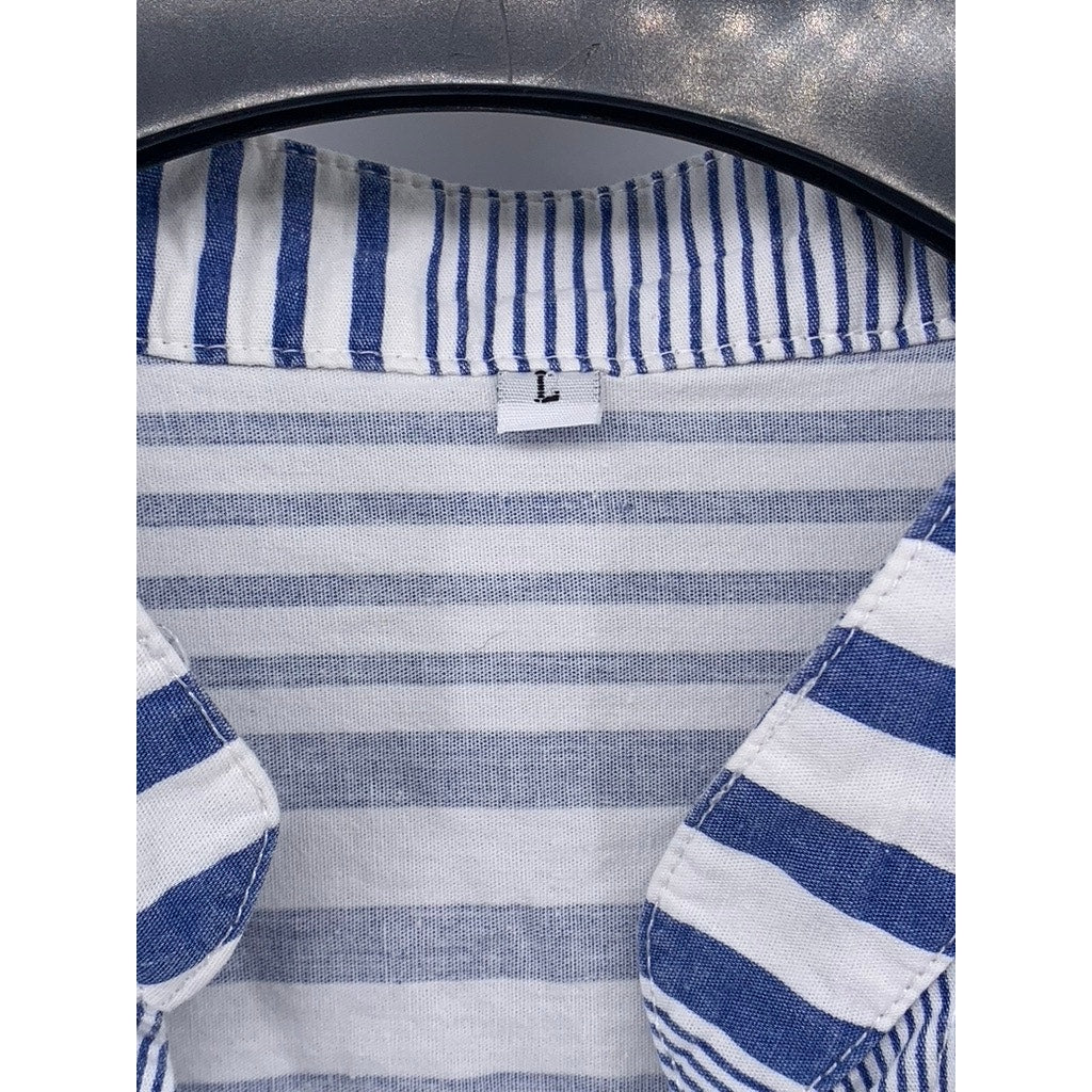 UNBRANDED Women's Blue-White Striped Button-Up Short Sleeve Top SZ L