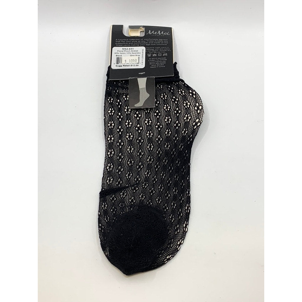 MEMOI Women's Black Ditsy Floral Pinch Scalloped Cuff Ankle Socks SZ OS