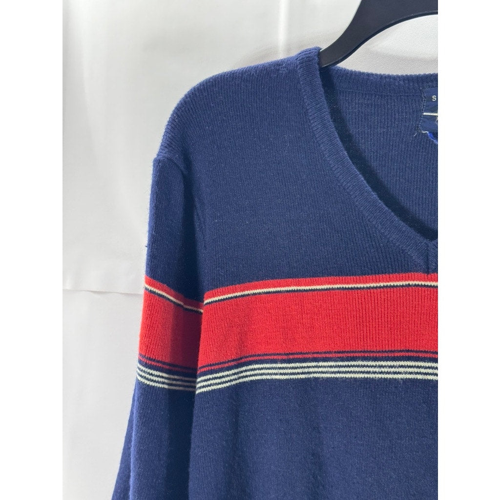 PURITAN Men's Blue/Red Striped V-Neck Regular-Fit Pullover Sweater SZ S