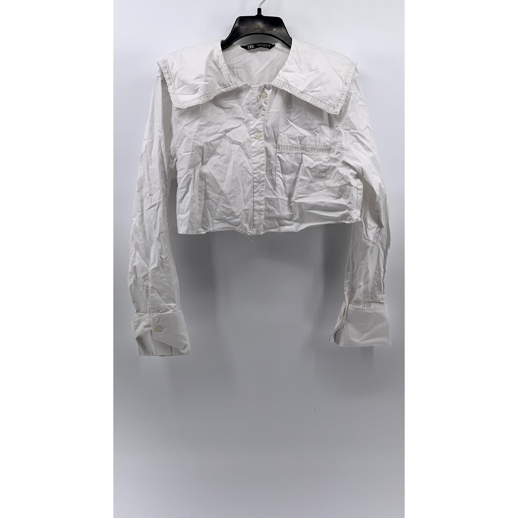 ZARA Women's White Embroidered Button-Up Long Sleeve Crop Top SZ M