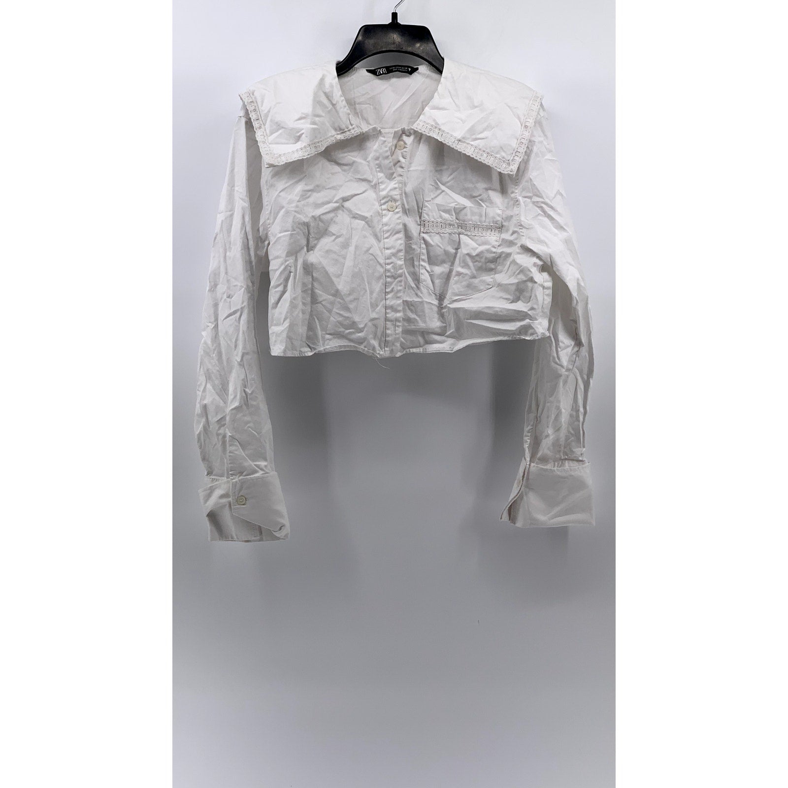 ZARA Women's White Embroidered Button-Up Long Sleeve Crop Top SZ M