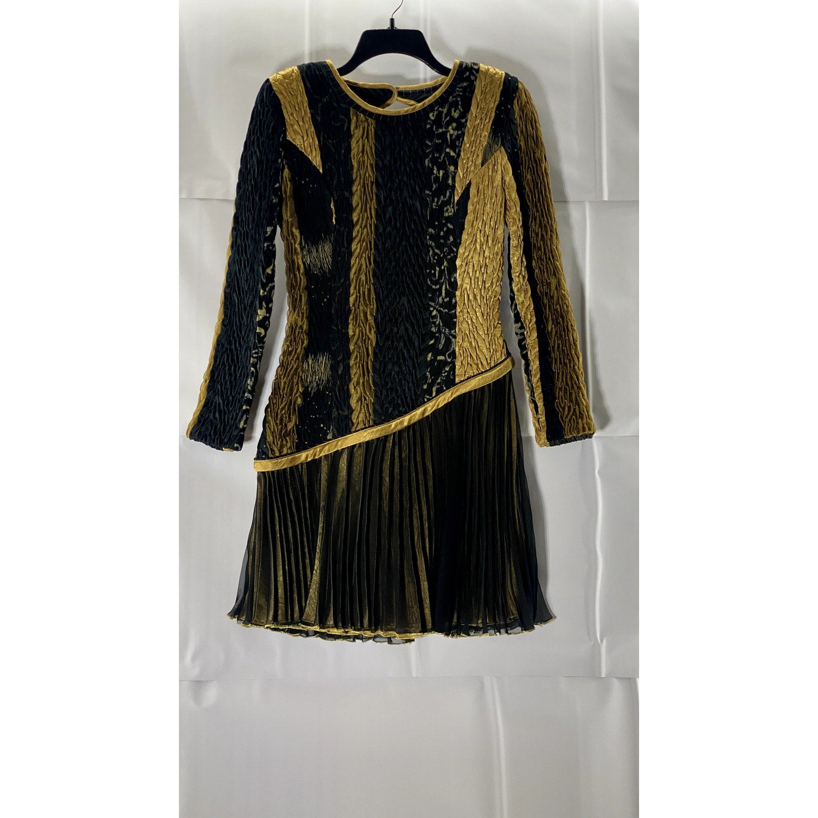 JEANNE MARC Women's Gold/Black Pleated Vintage 80's Cocktail Dress SZ L