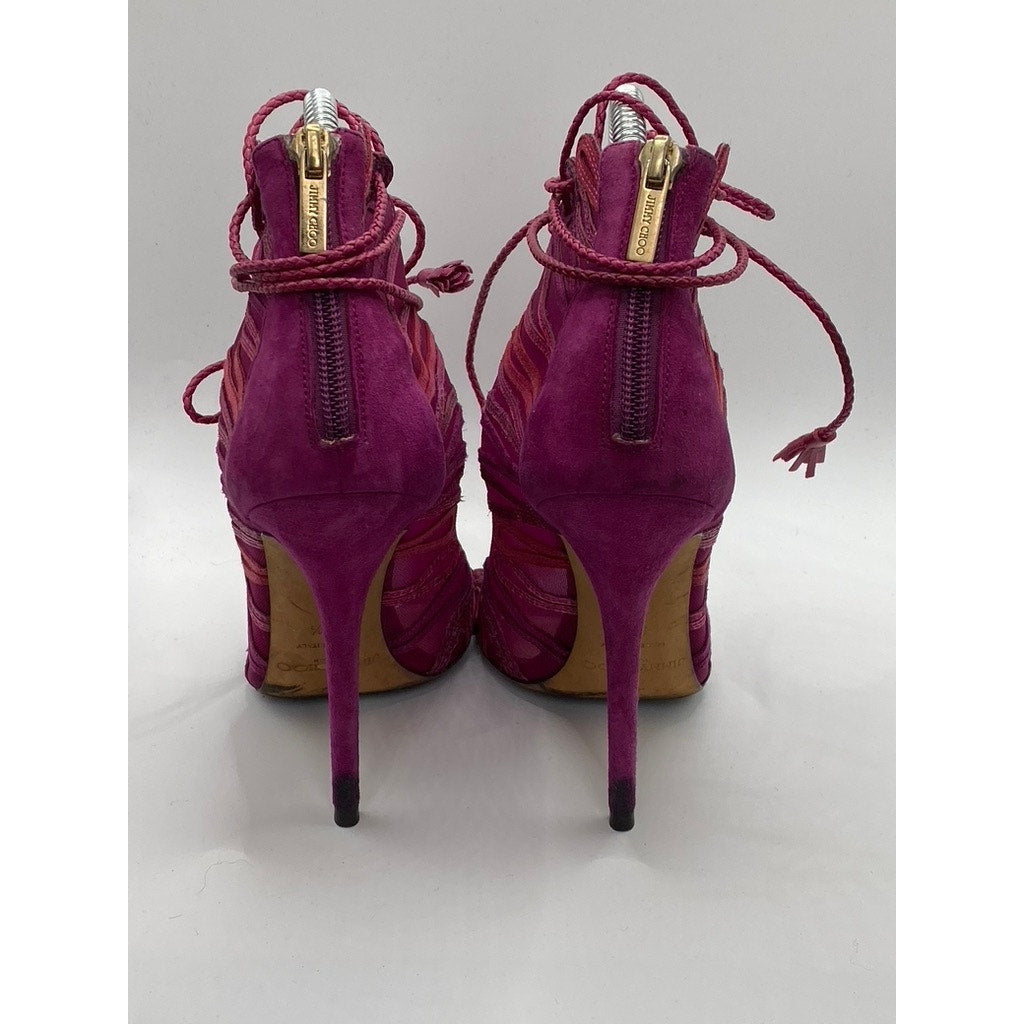 JIMMY CHOO Women's Magenta Kafira Mesh Peep-Toe Stiletto Booties SZ 38.5(US8.5)