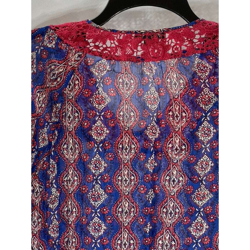 LUCKY BRAND Women’s Navy Crochet Knit 3/4 Cinched Sleeve Sheer Floral Top SZ M