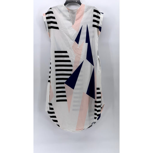 UNBRANDED Women's White-Pink-Black V-Neck Cuffed Slip A-Line Belted Dress SZ S