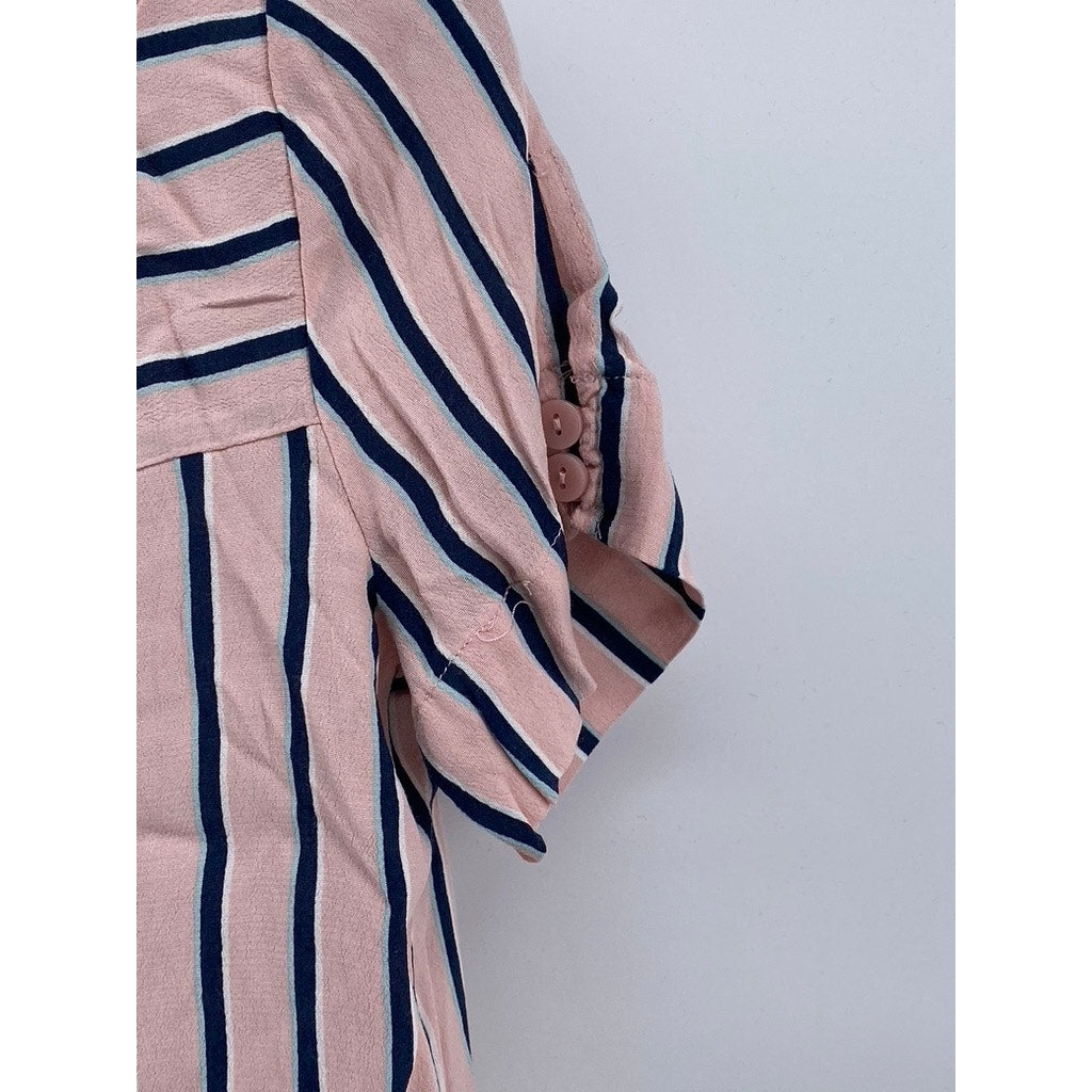 BERSHKA_BSKGIRL Women's Pink-Blue Striped Button-Up Short Sleeve Top SZ M