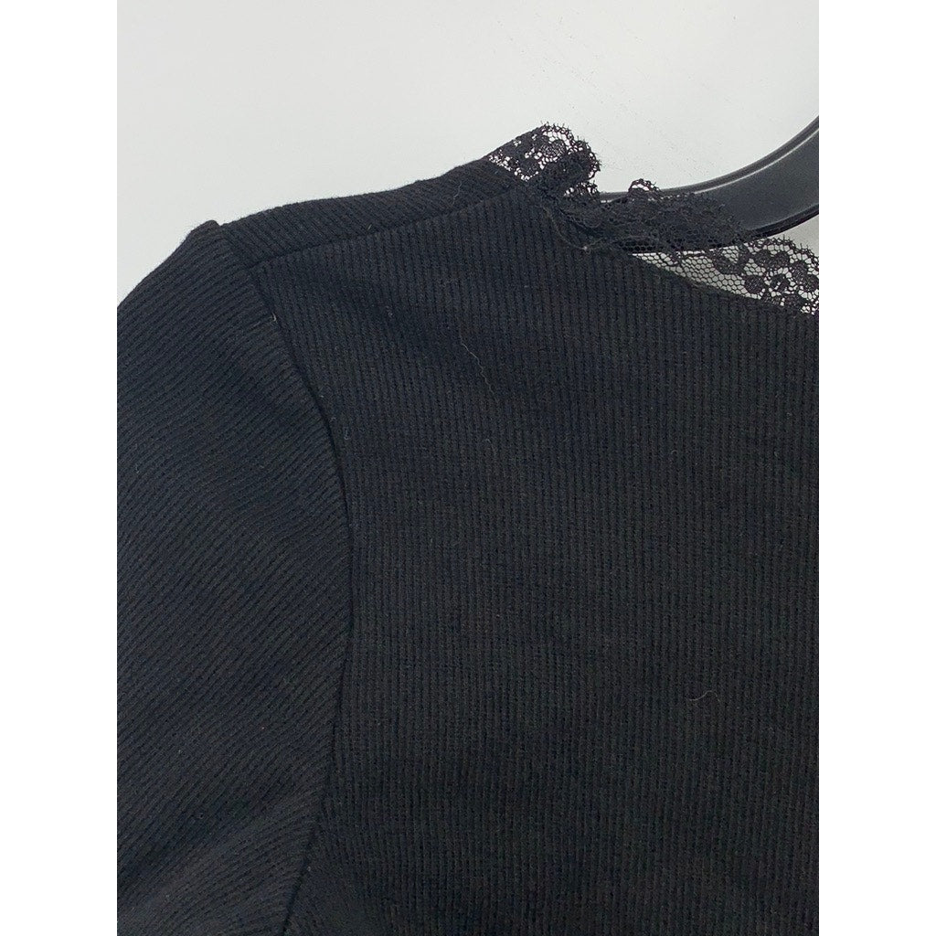 CURRENT MOOD Women's Black Lace-Trim Long Bell Sleeve Crop Top SZ S