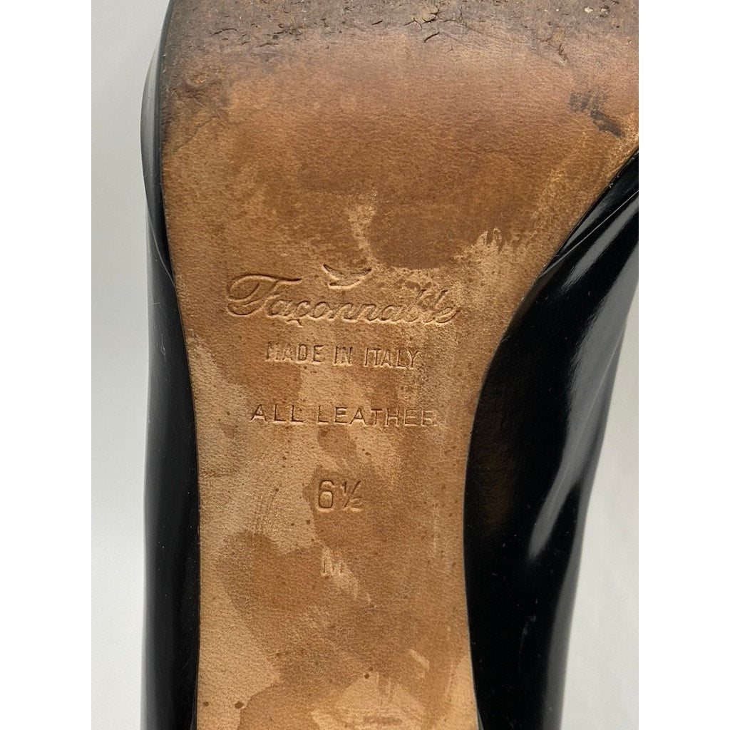 FACONNABLE Women's Black Leather Peep-Toe Slip-On Stiletto Heels SZ 6.5