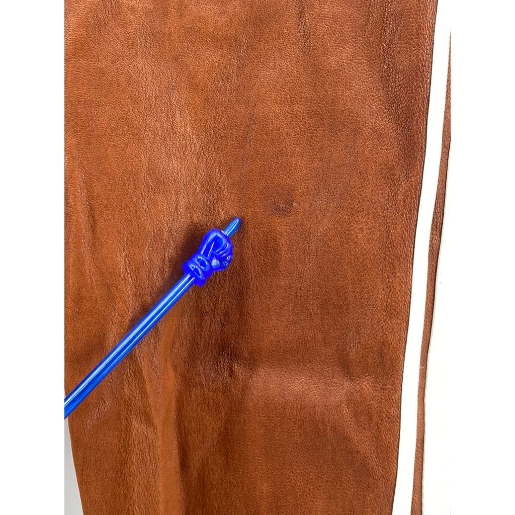 SPRWMN Women's Cognac-White Athletic Striped Capri Leather Leggings SZ S