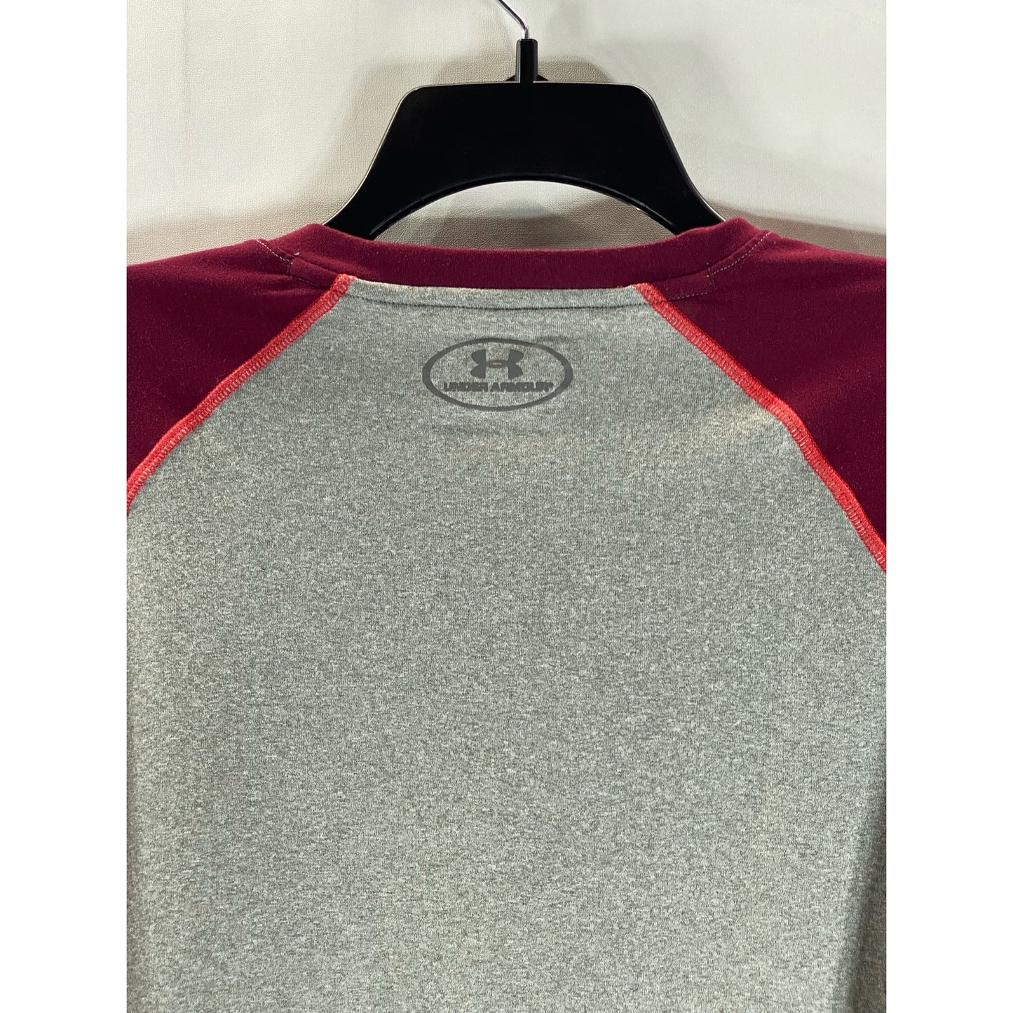 UNDER ARMOUR Men's Gray/Burgundy Crewneck Heatgear 3/4 Sleeve Tech T-Shirt SZ M